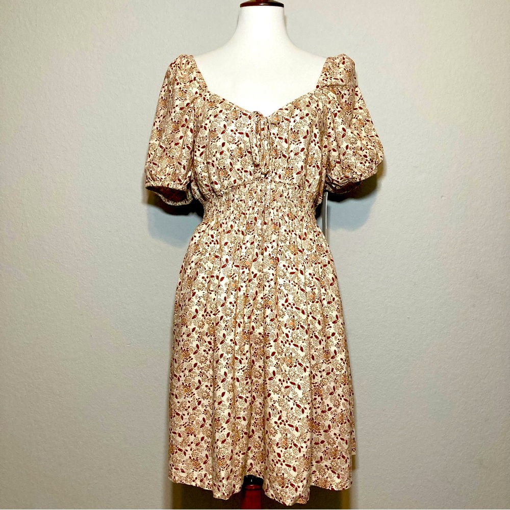 NWT TREASURE & BOND Linen Blend Smock Waist Floral Puff Sleeve Dress Size Large